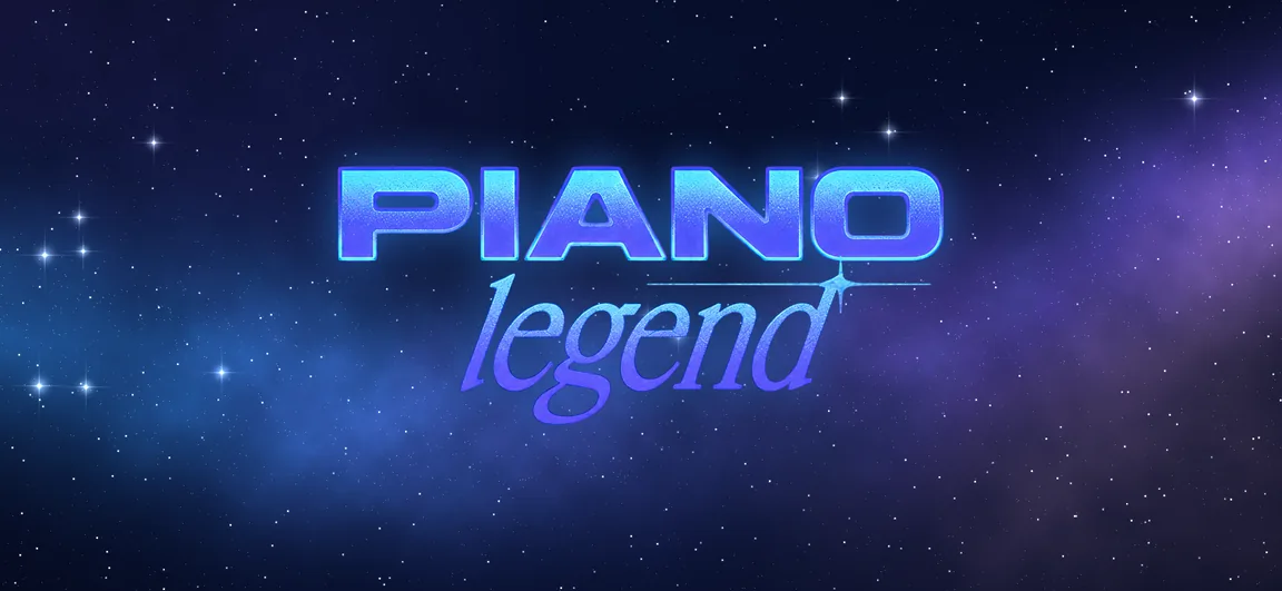 Le jeu Piano Legend sur un téléphone tenu à l’horizontale : son logo sur un fond de galaxie.