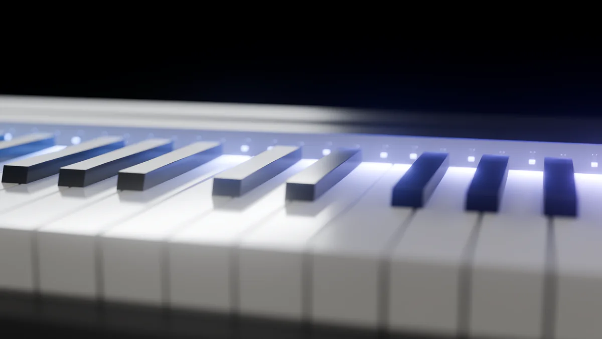 Gros plan sur les touches et les LED en dégradé bleu, violet et rose.