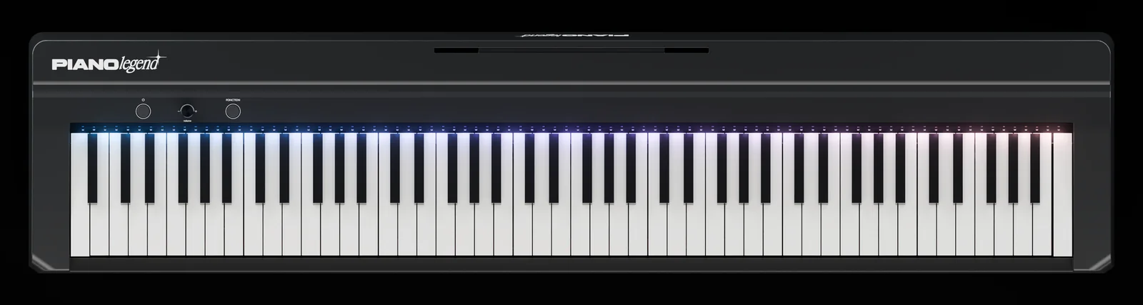 Piano Legend vu de dessus, ses LED allumées en dégradé bleu, violet et rose.